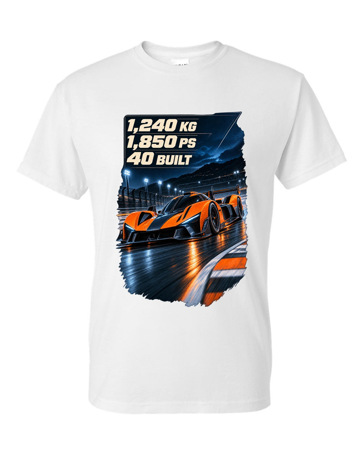 Bugatti Bolide track car at night print with weight and power figures white t-shirt front view with the design