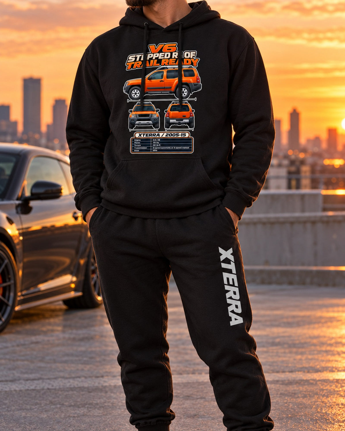 Nissan Xterra PRO4X Spec Sheet Hoodie + Jogger Set Black worn hero
