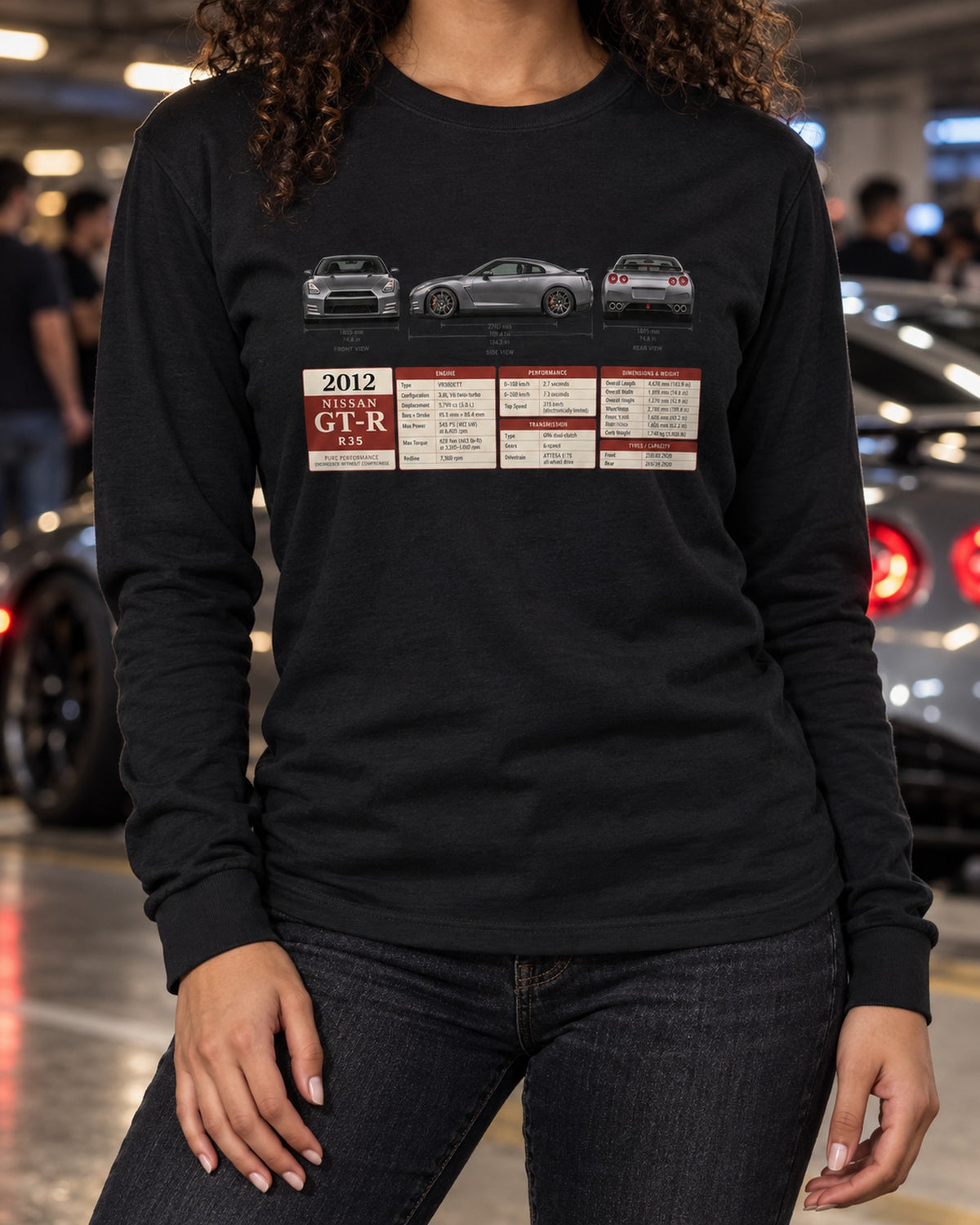 Nissan GT-R R35 MY2012 Three-View Shirt, 530 HP Spec Tee Long Sleeve Black worn hero