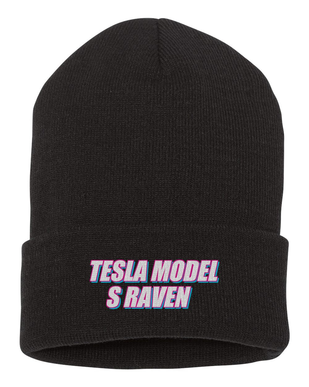 Tesla Model S Raven black beanie front view with car name