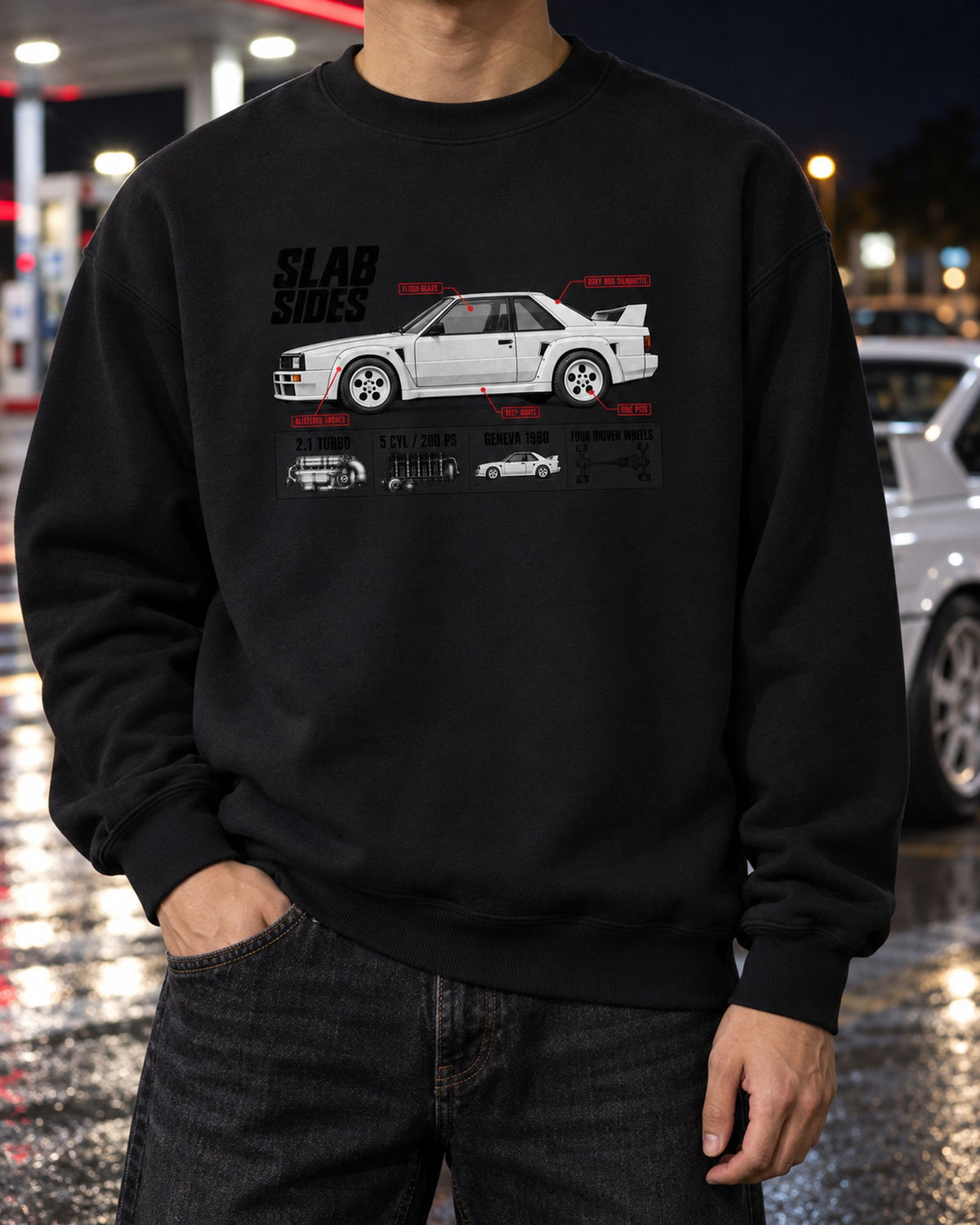 Audi Ur-Quattro Type 85 Slab Sides Spec Poster Shirt Crewneck Black worn hero