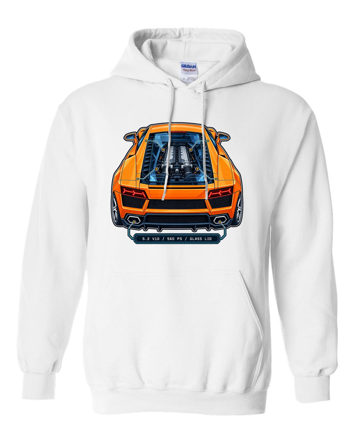 Patent-style technical drawing of a Lamborghini Gallardo LP560-4 with V10 under glass white pull over hoodie front view with the design