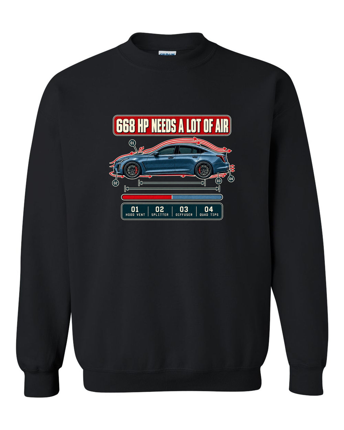 Aero cutaway print of a Cadillac CT5-V Blackwing with numbered callouts black crewneck front view with the design