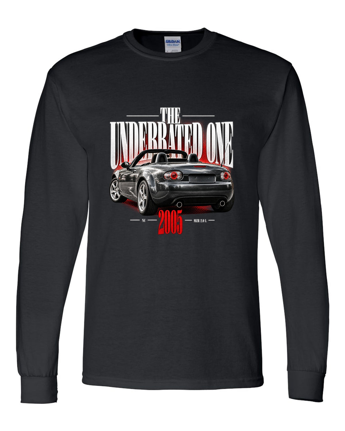Editorial headline print of a Mazda MX-5 NC with underrated generation lettering black long sleeve front view with the design