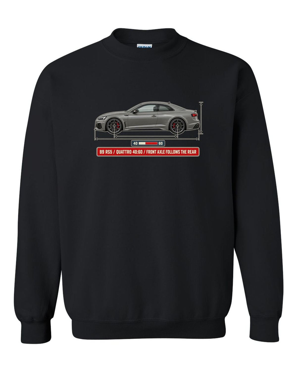 Dimension blueprint of an Audi RS5 Coupe B9 facelift with quattro 40:60 text black crewneck front view with the design