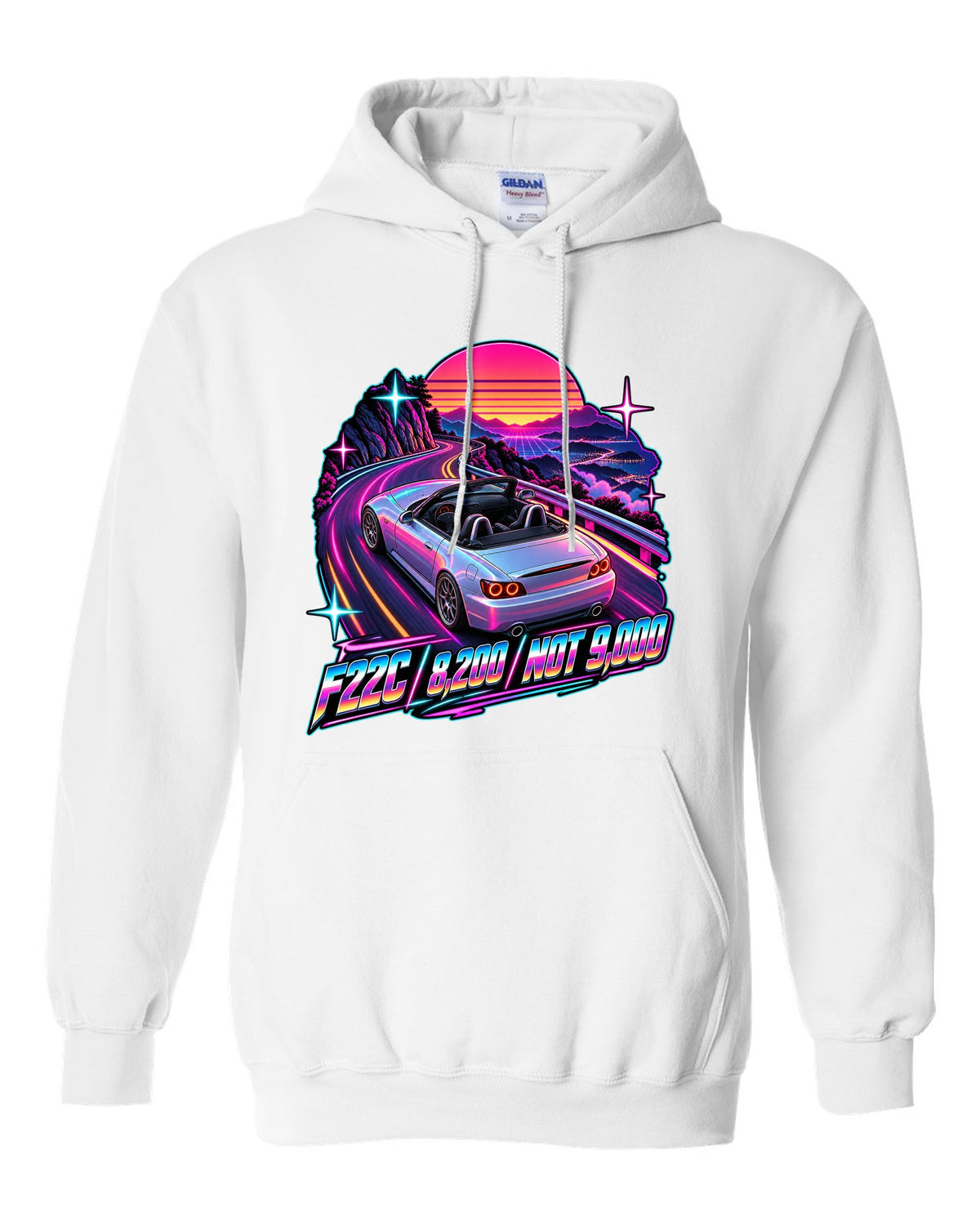 Neon synthwave print of a 2004 Honda S2000 AP2 roadster with F22C 8,200 Not 9,000 lettering white pull over hoodie front view with the design