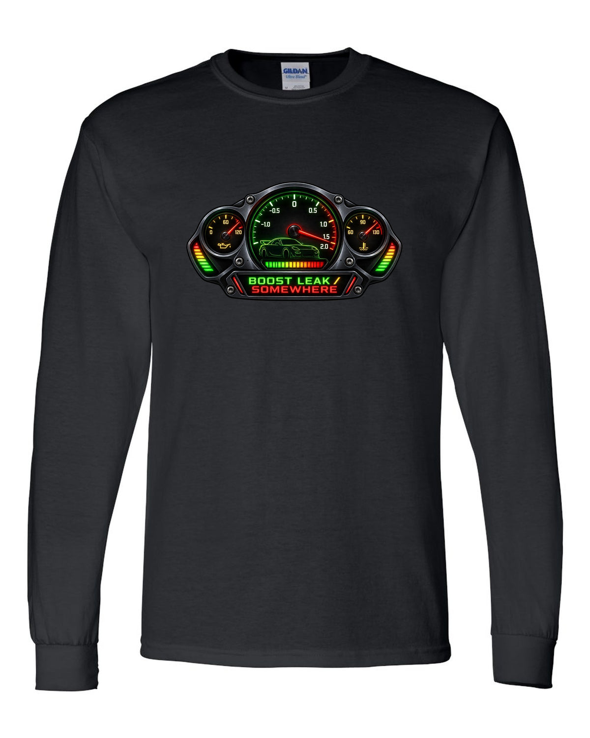 Sticker-bomb collage print of a Mazda RX-7 FD3S with text 5-Lug, 17 Inch, Bronze black long sleeve front view with the design