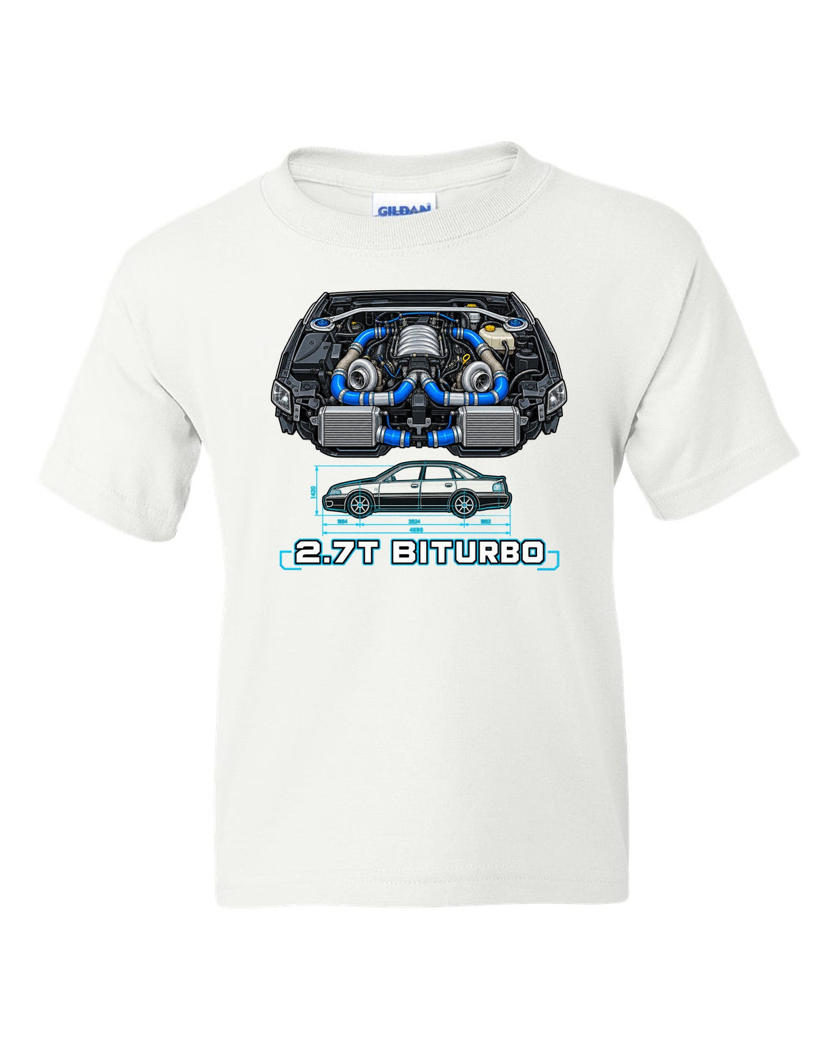 Technical blueprint print of an Audi S4 B5 with 2.7T Biturbo text white kids tee front view with the design