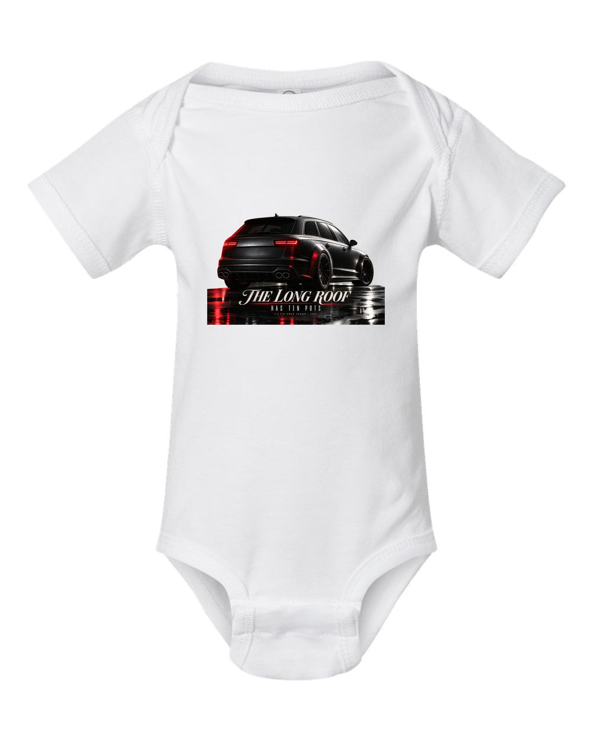 Audi RS6 Avant C6 4F V10 rear three-quarter in a garage with long roof text white baby onesie front view with the design