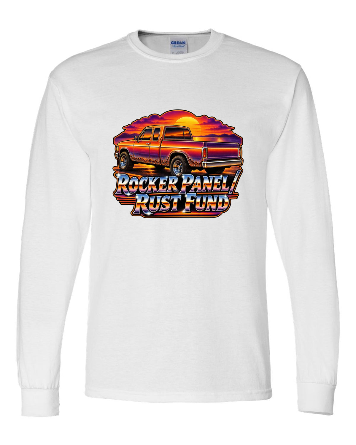 70s airbrush sunset print of a 1999-2006 Chevrolet Silverado GMT800 with Rocker Panel Rust Fund text white long sleeve front view with the design