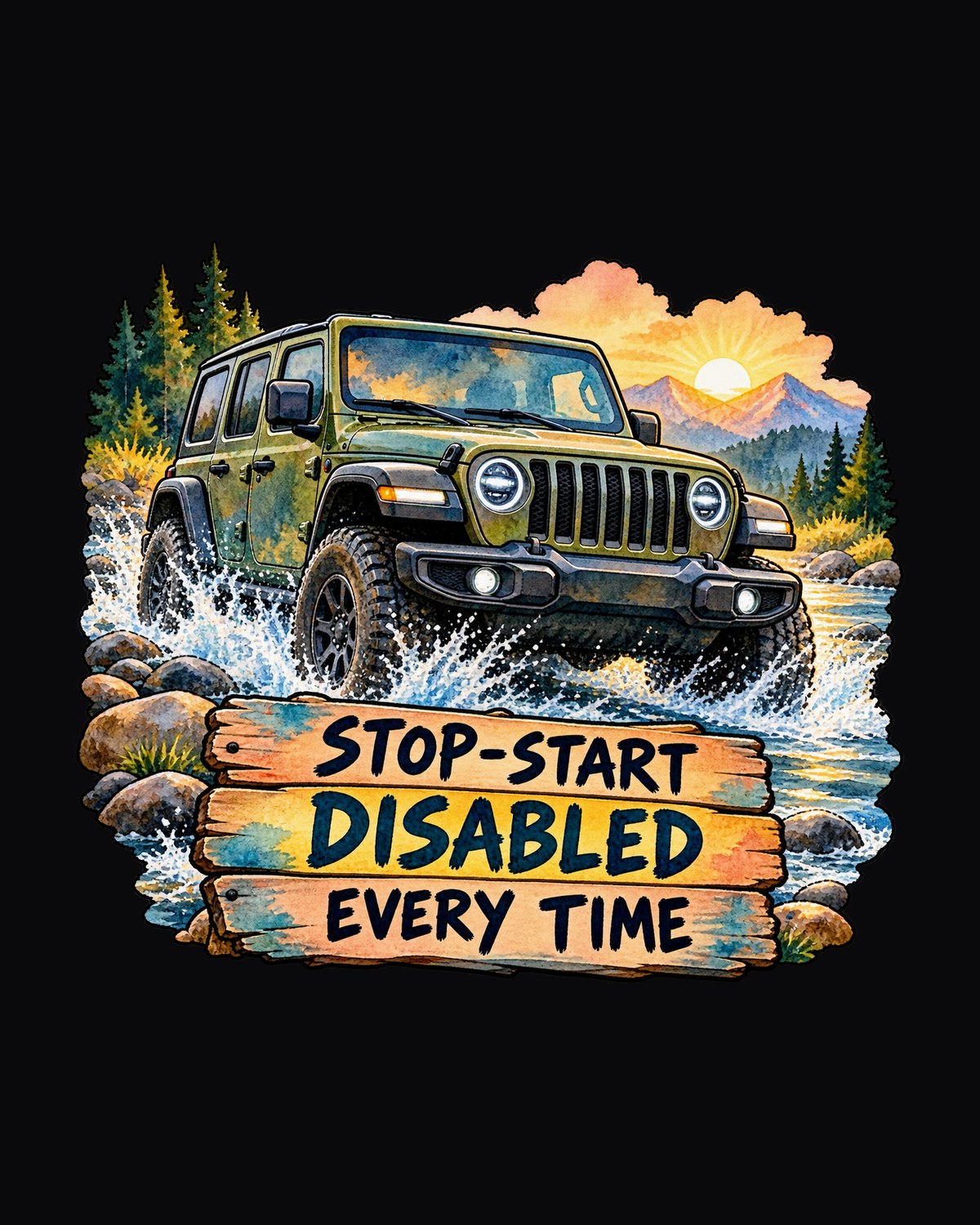 Jeep Wrangler JL Stop-Start Disabled Watercolour Night Tee design only