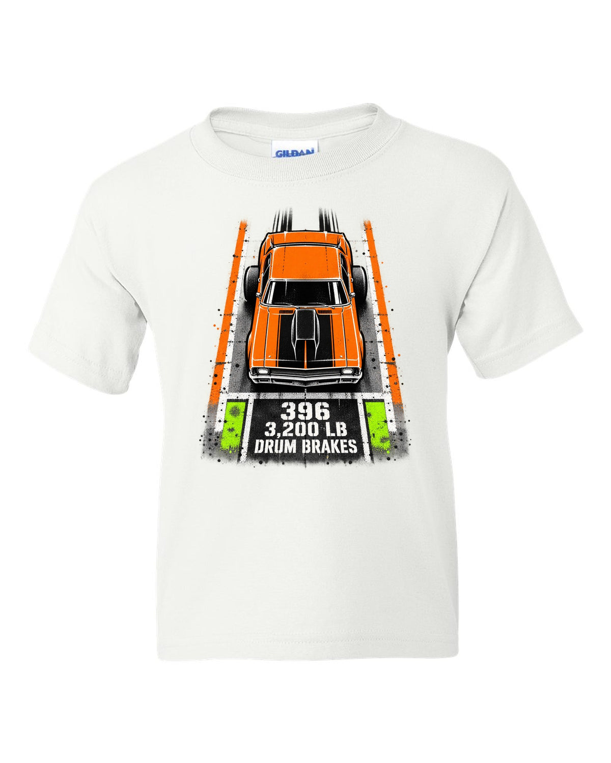 Stencil spray street art print of a 1970 Chevrolet Nova SS 396 with the text 396, 3,200 LB, Drum Brakes white kids tee front view with the design