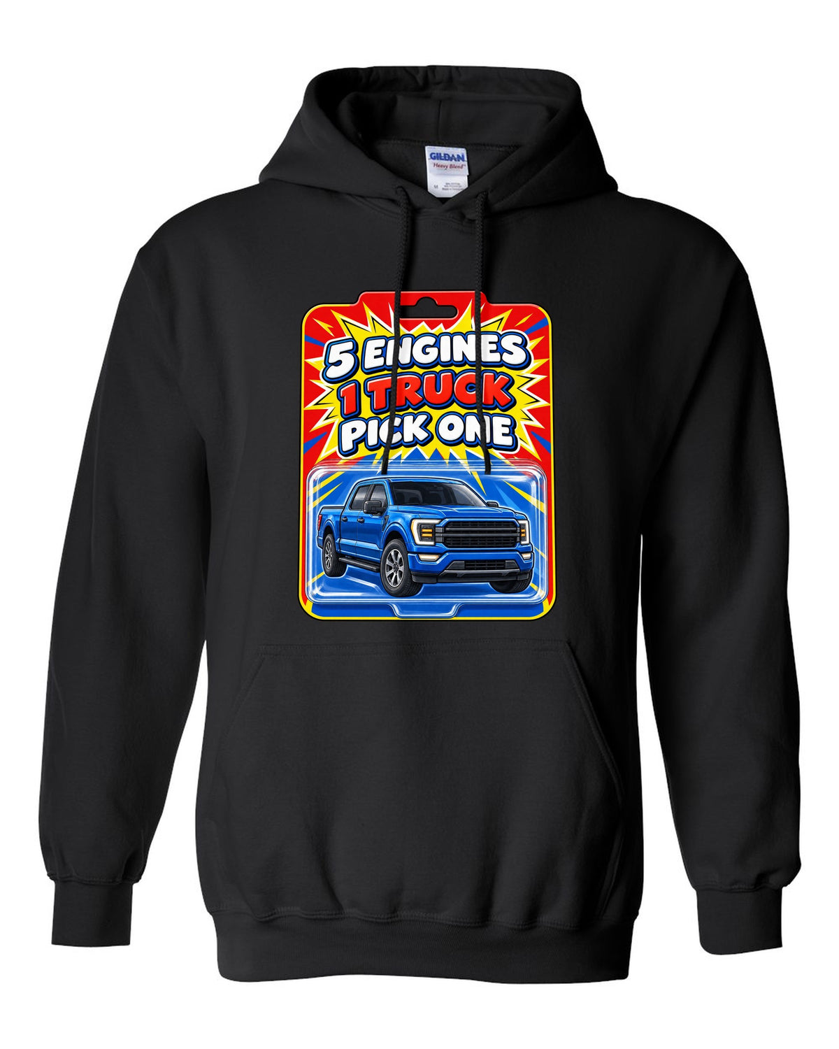 Toy card style print of a 2021 Ford F-150 P702 with five engines one truck text black pull over hoodie front view with the design