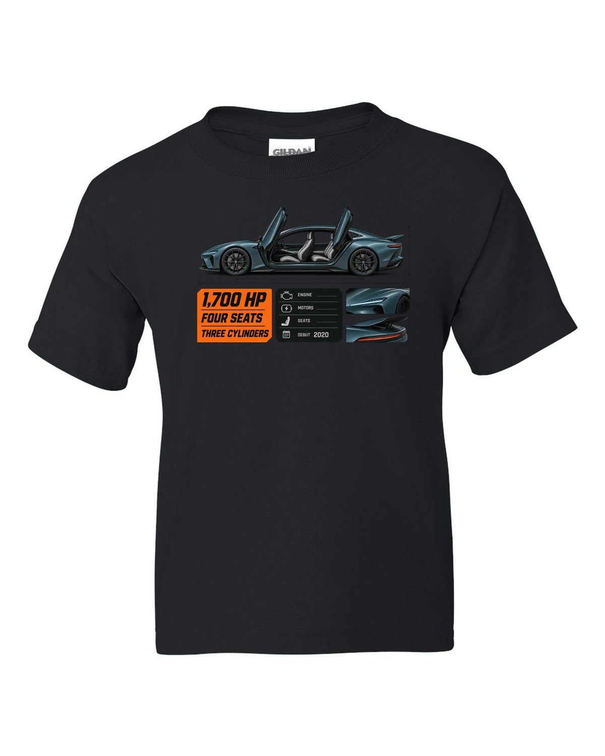 Spec poster of the Koenigsegg Gemera four-seat hypercar, print black kids tee front view with the design