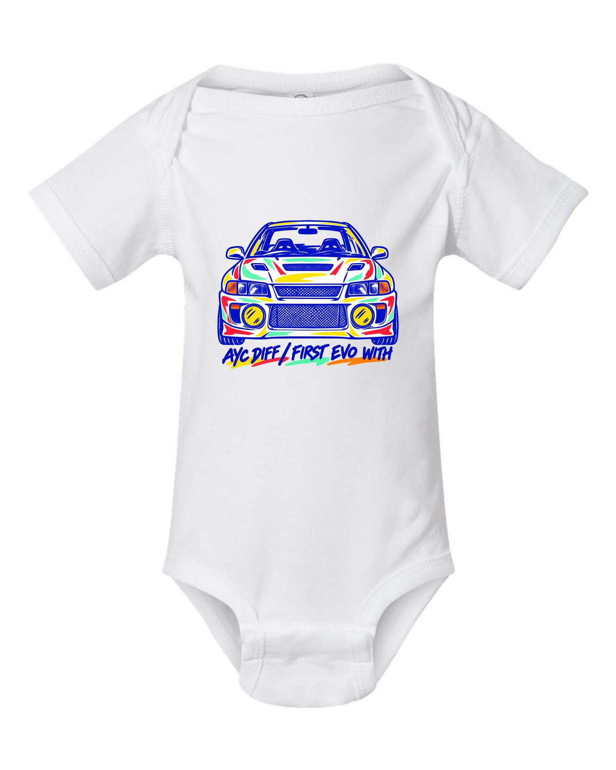 Mono-line napkin sketch of a Mitsubishi Lancer Evolution IV CN9A white baby onesie front view with the design