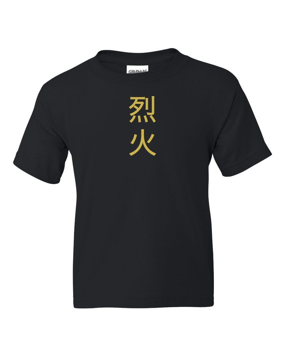 black kids tee front view with small kanji mark