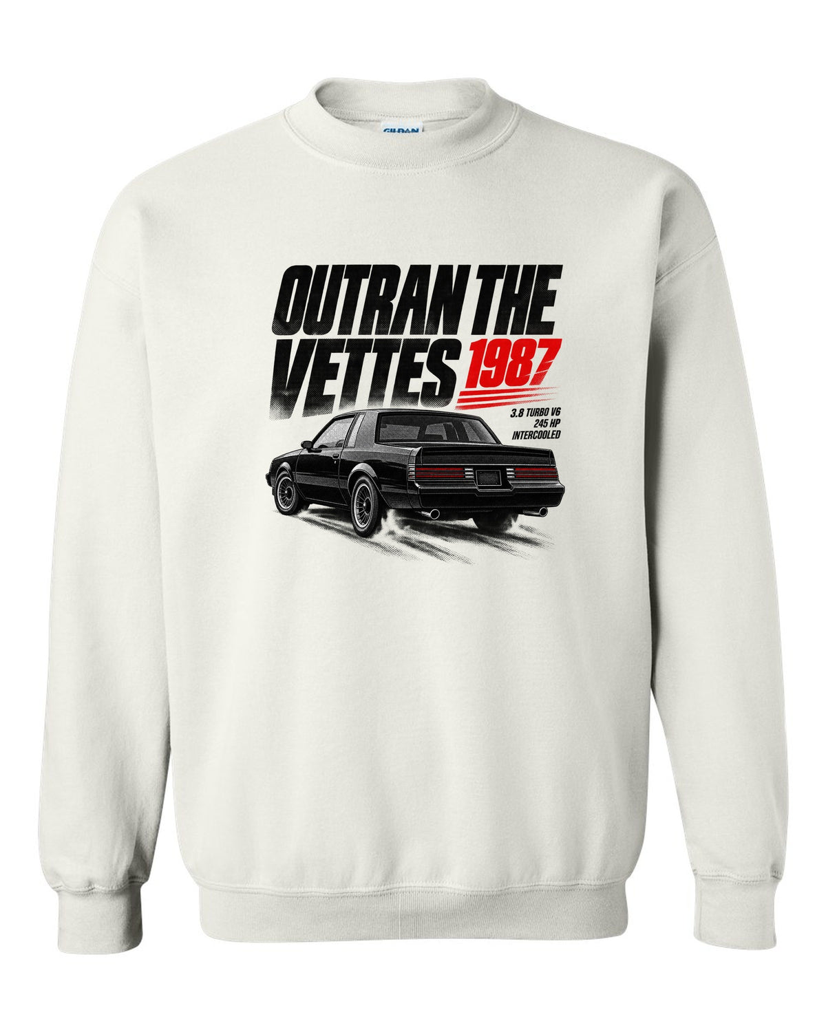 print halftone of a 1987 Buick Regal GN with outran the Vettes lettering white crewneck front view with the design