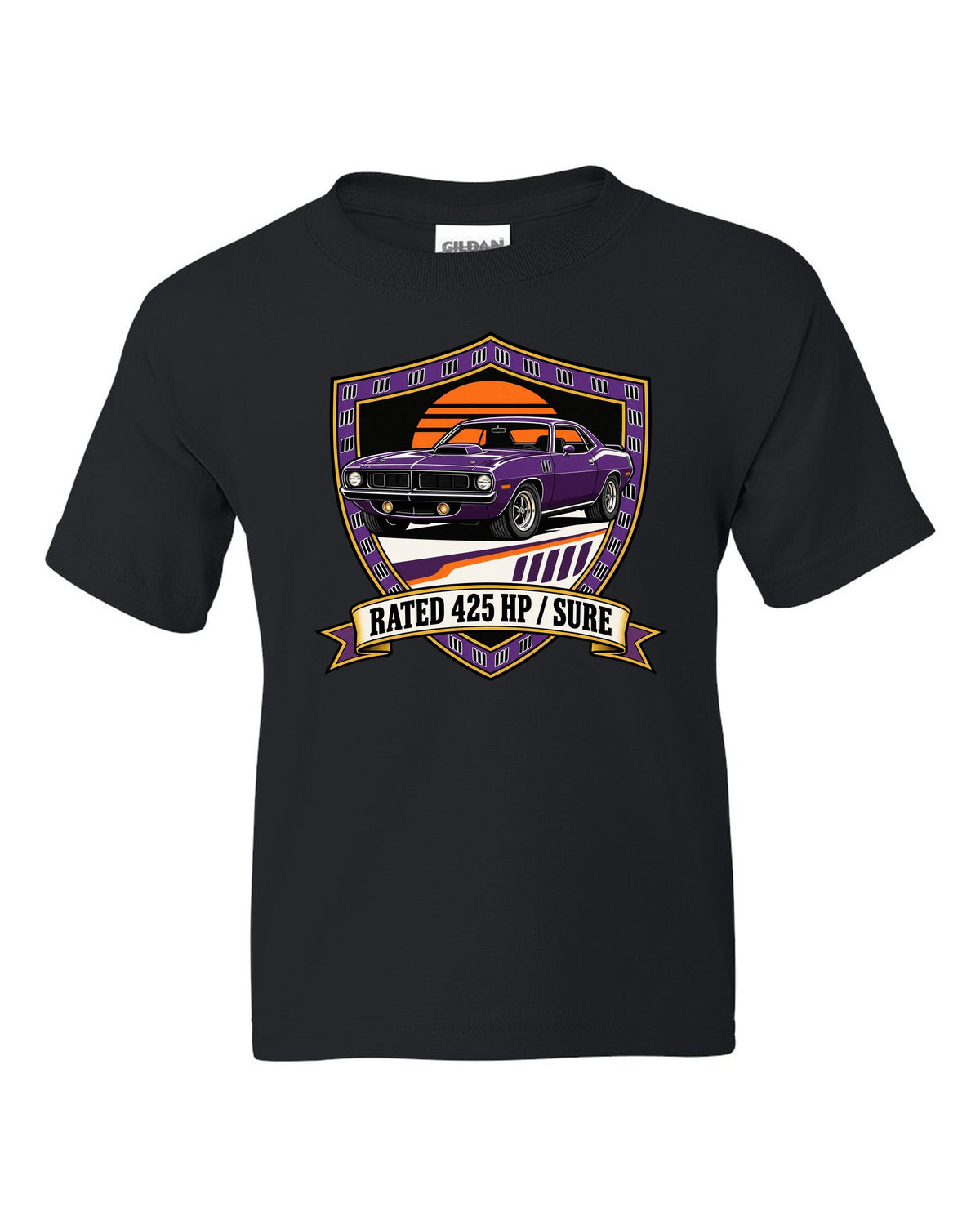 Original shield crest design for a 1970 Plymouth Hemi Cuda with rated 425 HP sure text black kids tee front view with the design