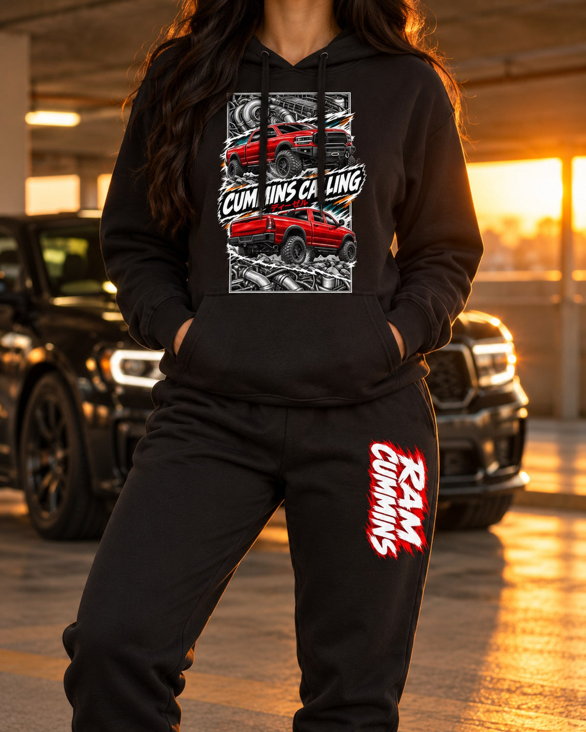 RAM Cummins Torn Poster Hoodie + Jogger Set Black worn hero