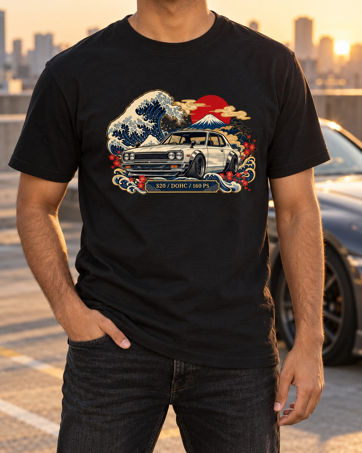Skyline 2000GT-R Hakosuka KPGC10 Ukiyo-e Wave Shirt T-Shirt Black worn hero