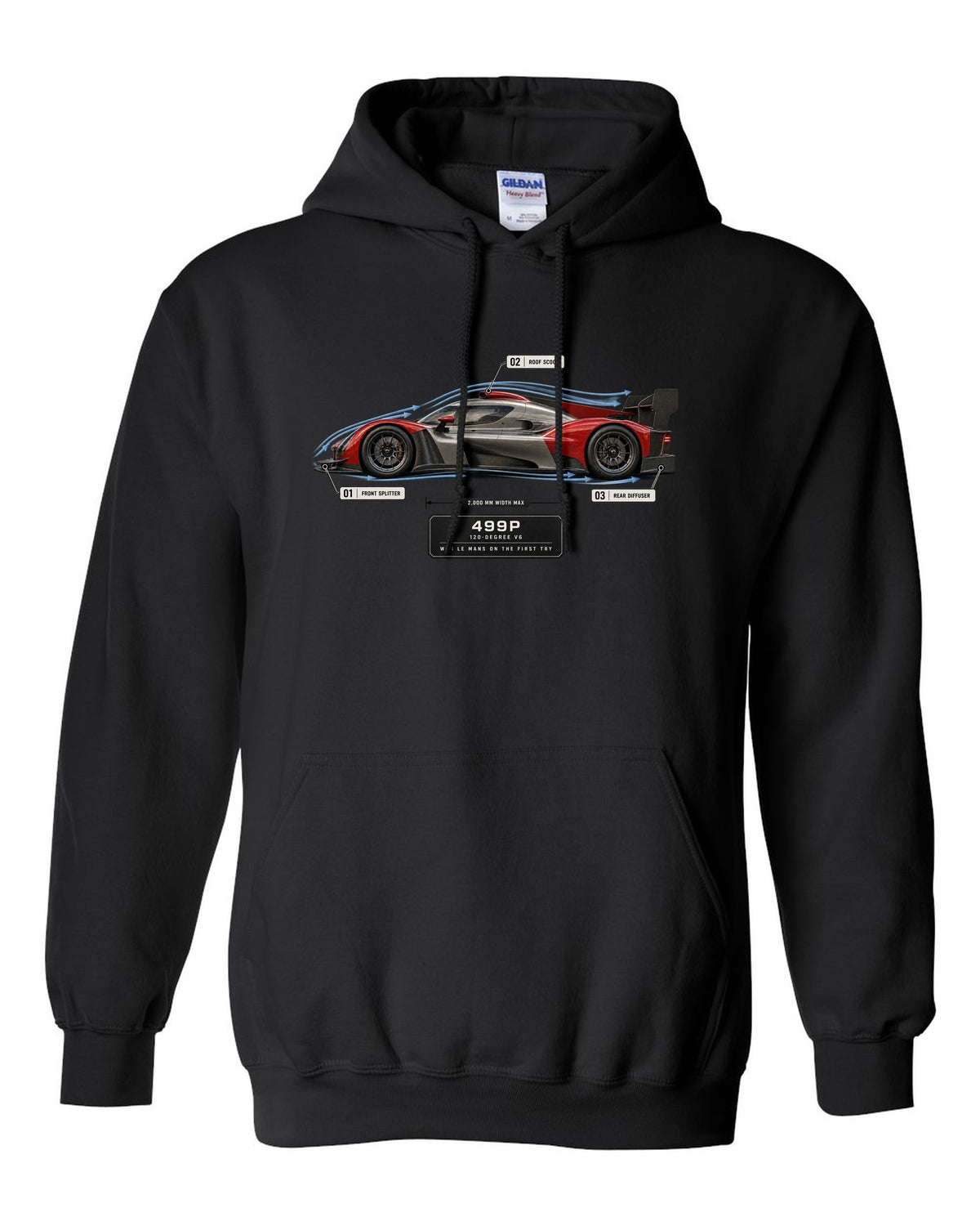 Ferrari 499P Le Mans Hypercar aero callout print with 120-degree V6 black pull over hoodie front view with the design