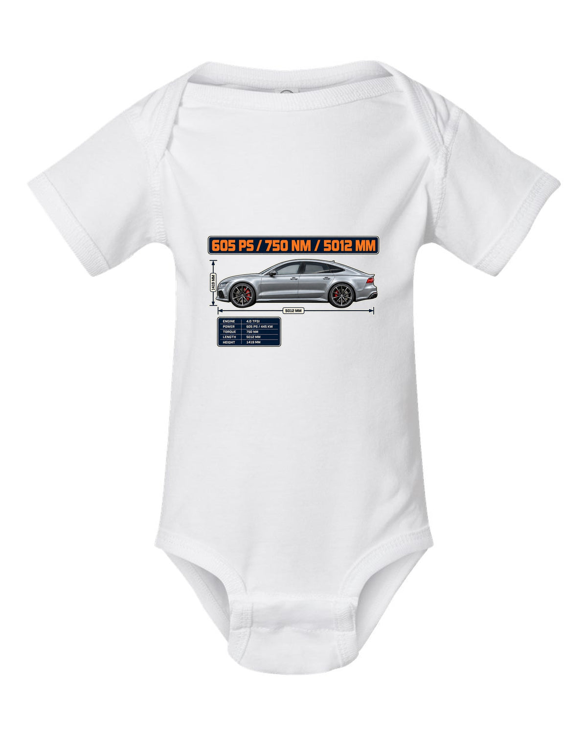 Audi RS7 Sportback performance C7 spec poster print white baby onesie front view with the design