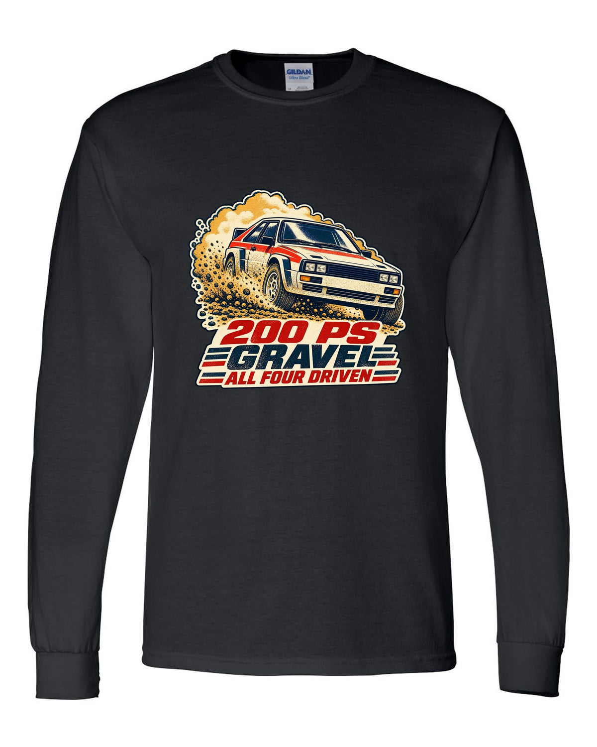 Vintage rally poster screenprint print of an Audi Ur-Quattro Type 85 on gravel black long sleeve front view with the design