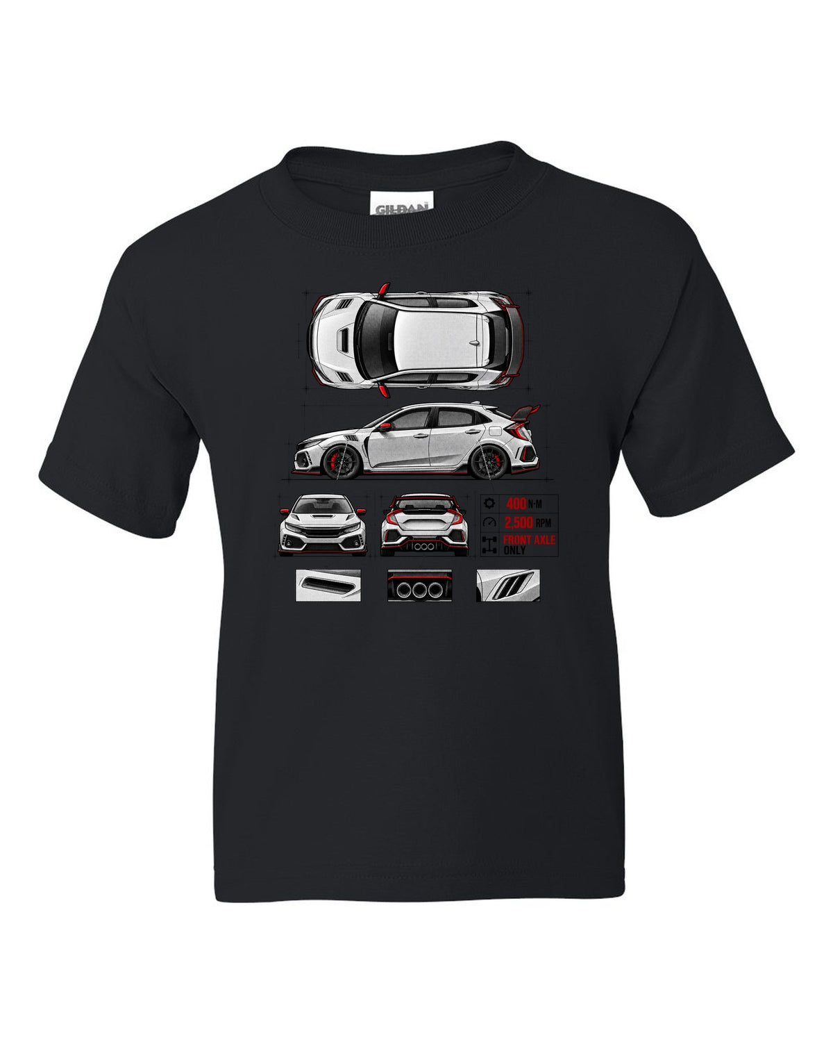 Spec poster print of a 2018 Honda Civic FK8 chback with torque figures black kids tee front view with the design