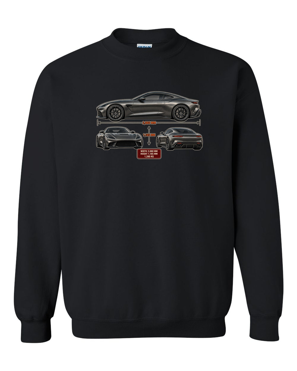 Three-view spec sheet print of the Pagani Utopia coupe with width 2,060 mm, height 1,165 mm, 1,280 kg black crewneck front view with the design