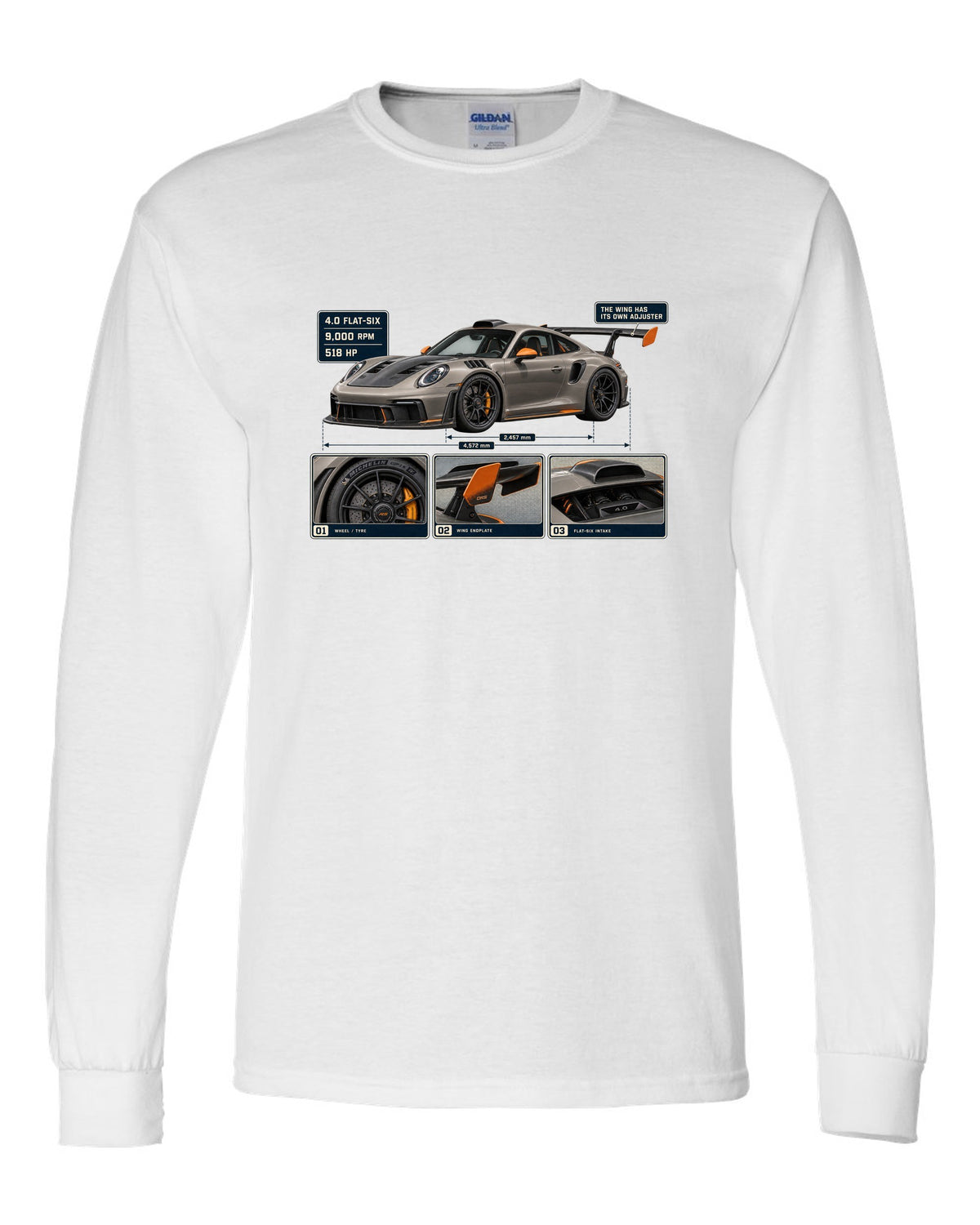 print dossier panels of a Porsche 911 GT3 RS 992 in warm grey with orange accents white long sleeve front view with the design