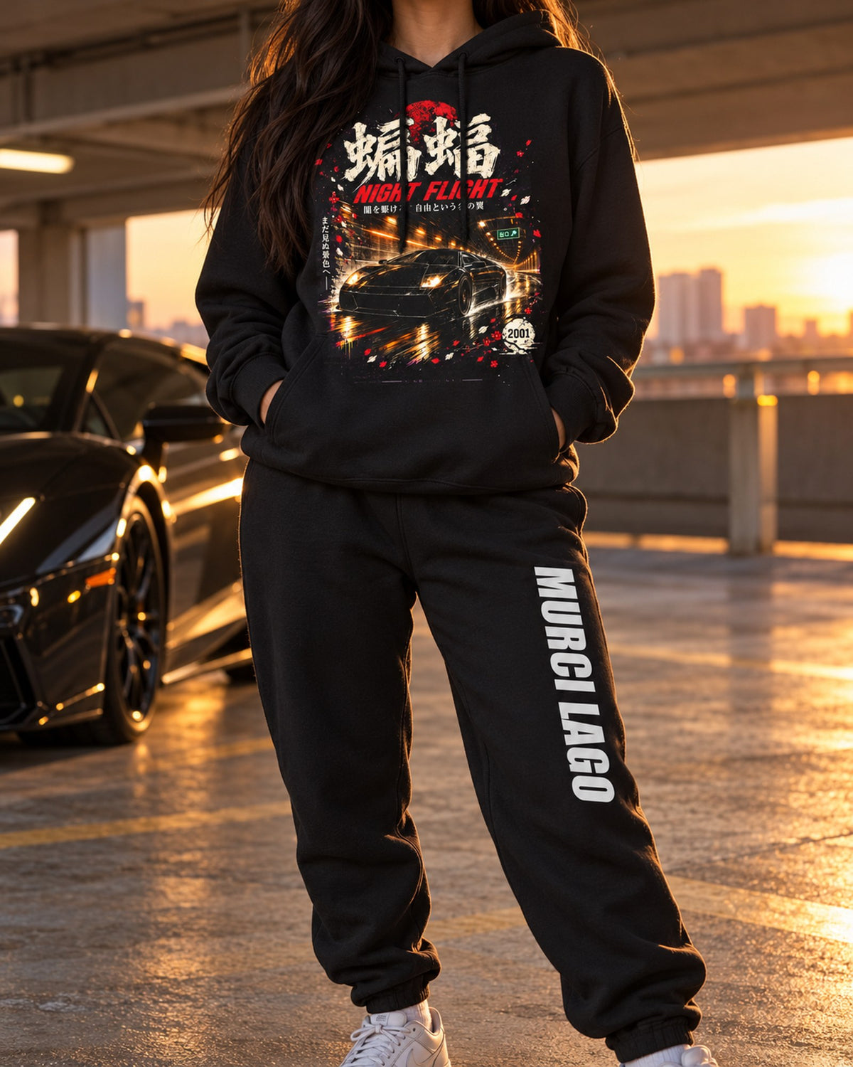 Lamborghini Murci Lago Dream Car Hoodie + Jogger Set Black worn hero