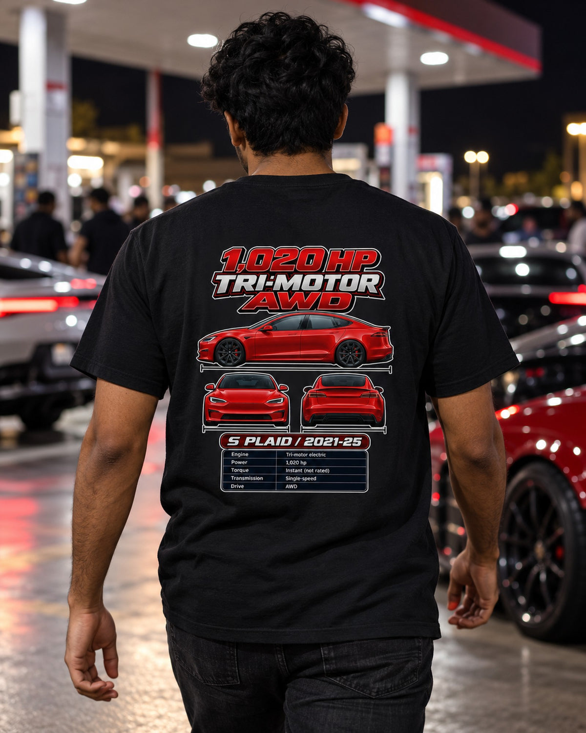 Tesla Model S Plaid Spec Sheet Full-Back Graphic Tee T-Shirt Black worn hero