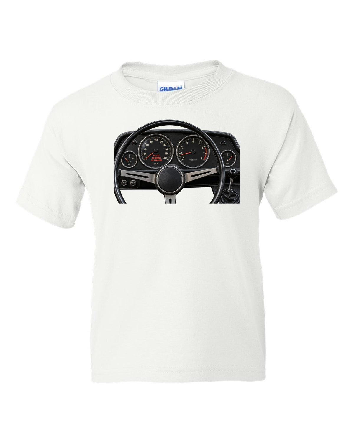 BMW 2002 cockpit gauge print with no ABS no airbag no problem text white kids tee front view with the design