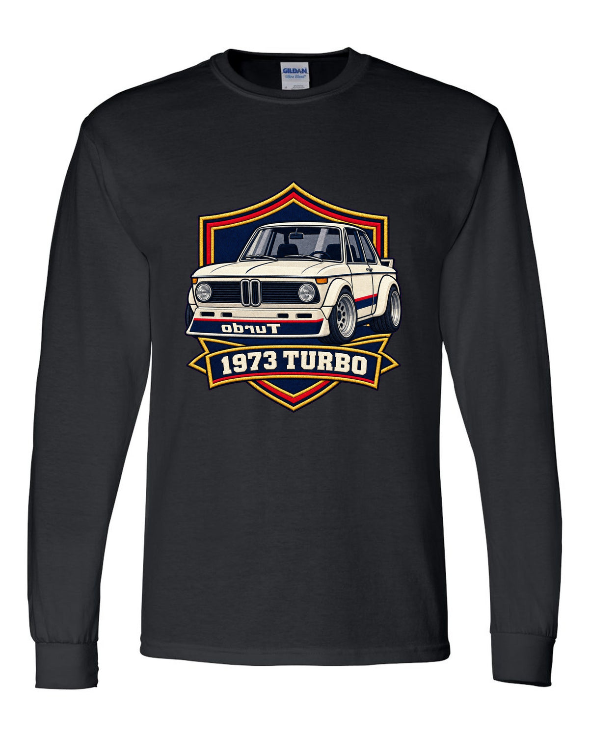 BMW 2002 turbo varsity crest print with mirrored turbo lettering and 1973 black long sleeve front view with the design
