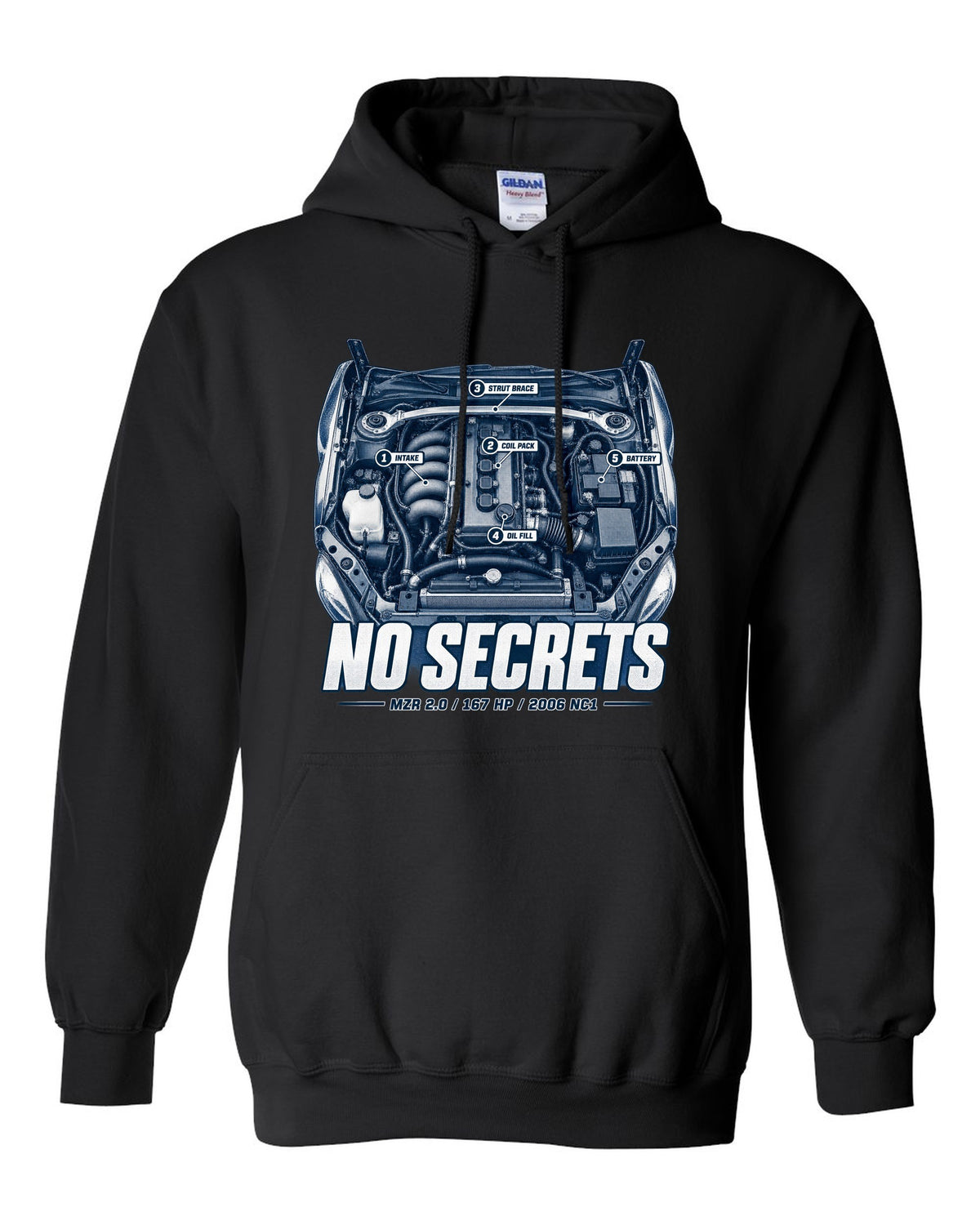 Engine hero print for the 2006 Mazda MX-5 NC1 with MZR 2.0 and 167 HP lettering black pull over hoodie front view with the design