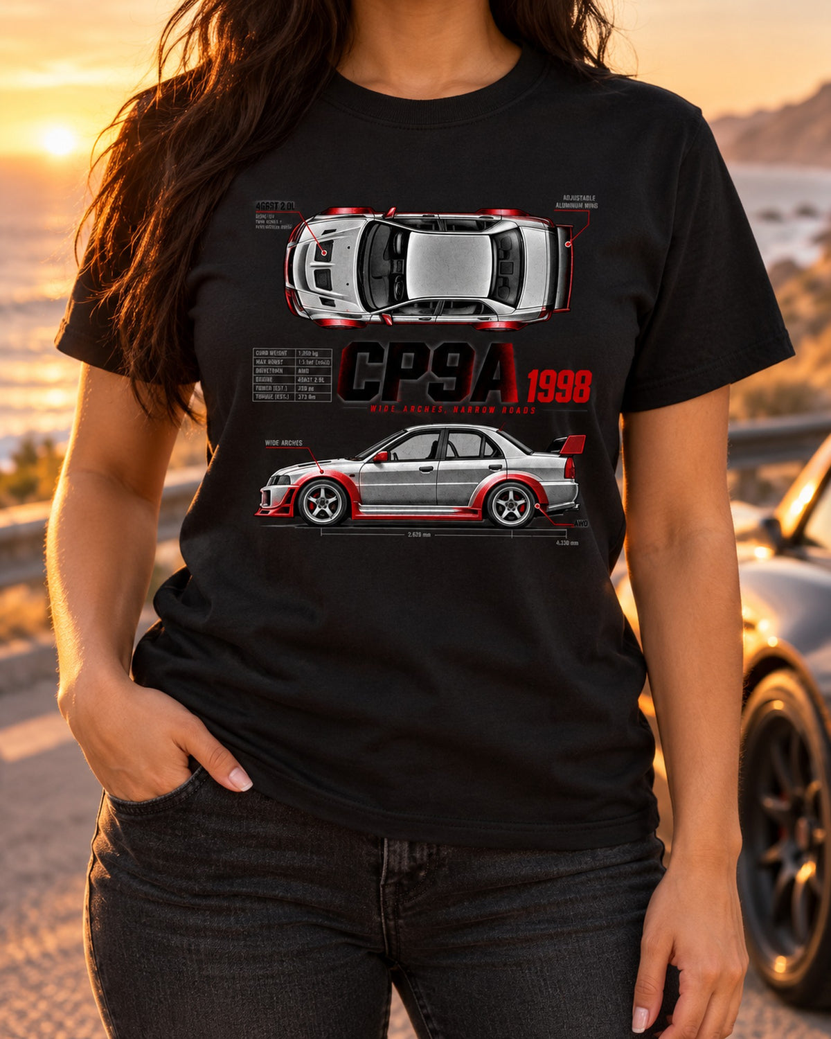 Mitsubishi Lancer Evo V CP9A Wide Arches Spec Poster Shirt T-Shirt Black worn hero