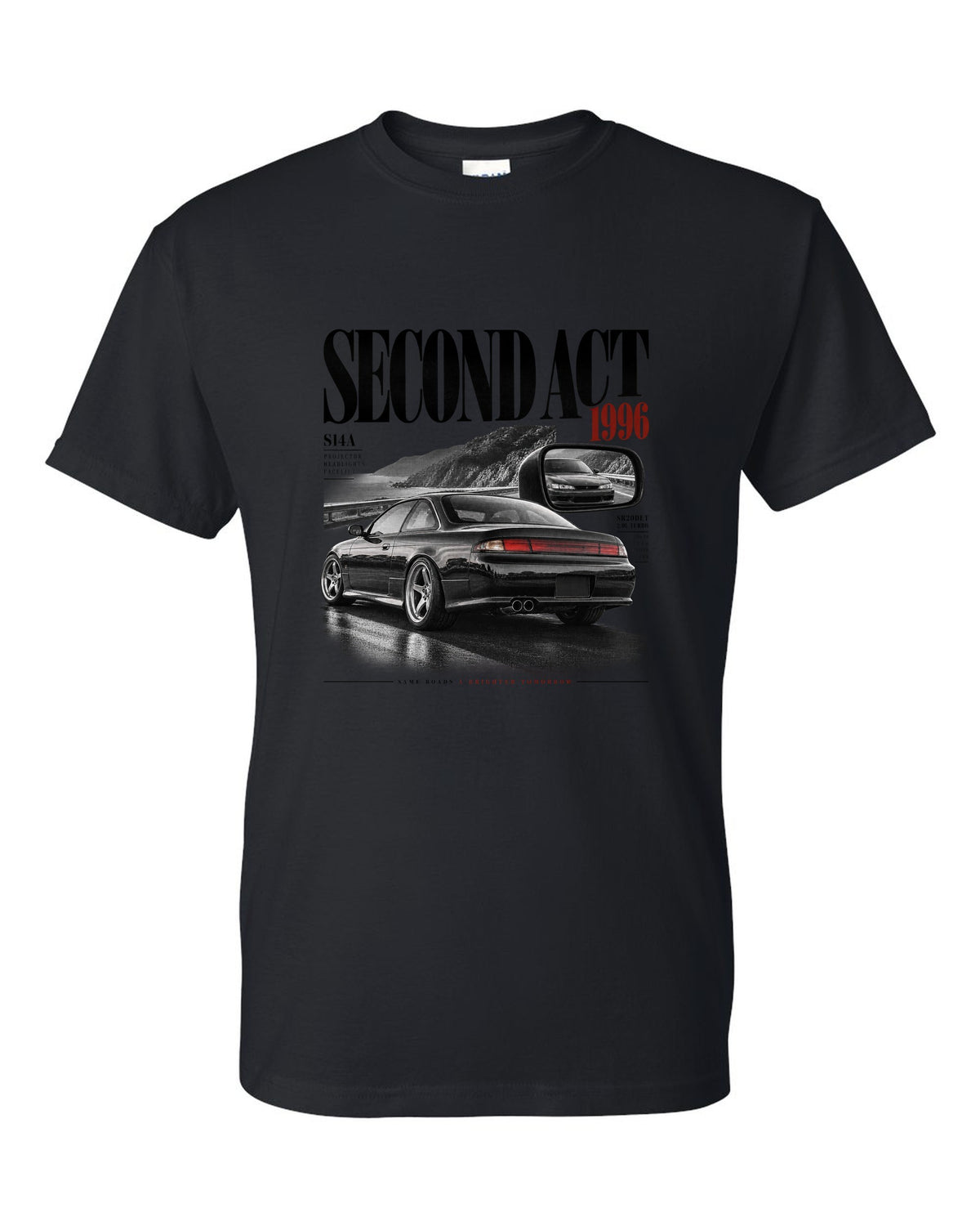 Editorial headline layout of a Nissan Silvia S14 kouki with Second Act, 1996 and projector headlights lettering black t-shirt front view with the design