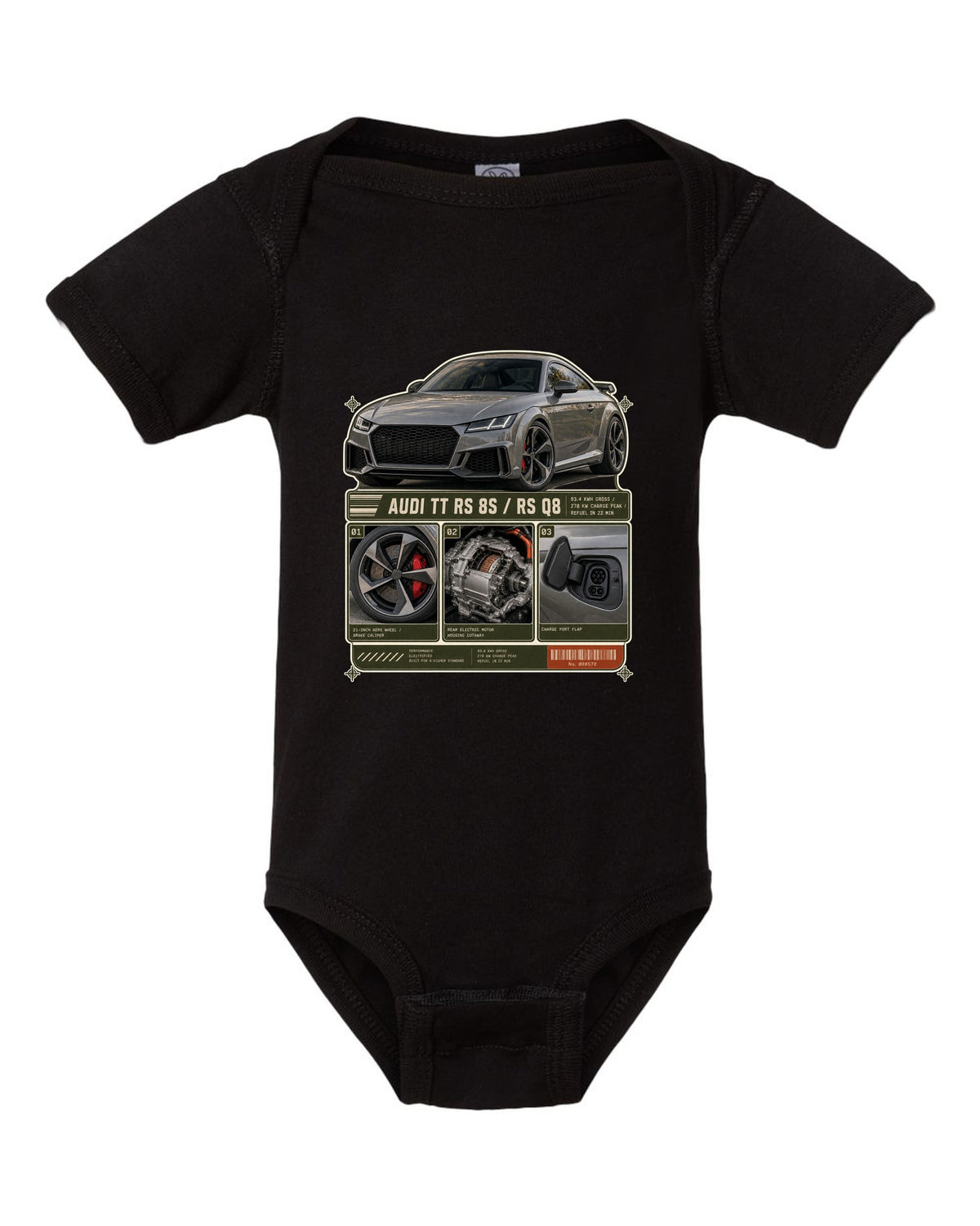 Audi RS e-tron GT dossier panels with wheel, motor and charge port print design black baby onesie front view with the design