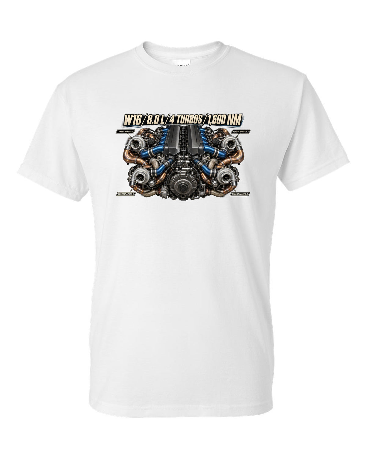Bugatti W16 8.0 litre quad-turbo engine poster print white t-shirt front view with the design