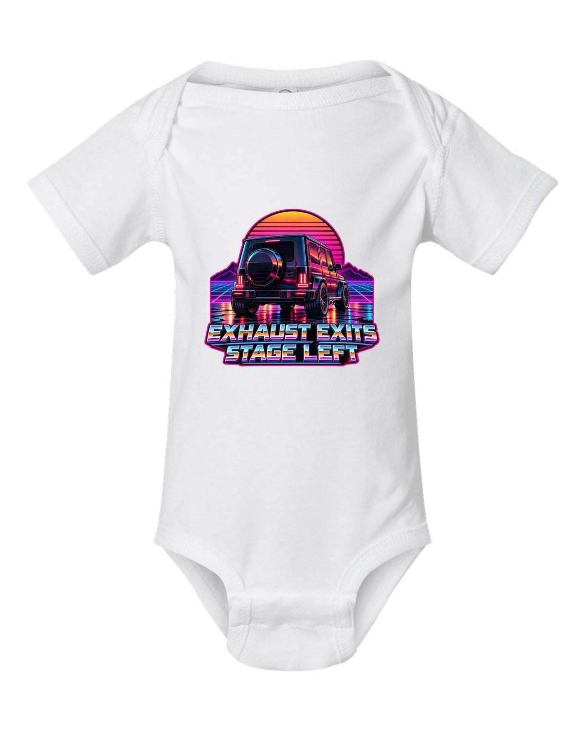 Cyanotype blueprint top view of a Mercedes G-Class W460 reading No ABS No Airbag 1979, print white baby onesie front view with the design