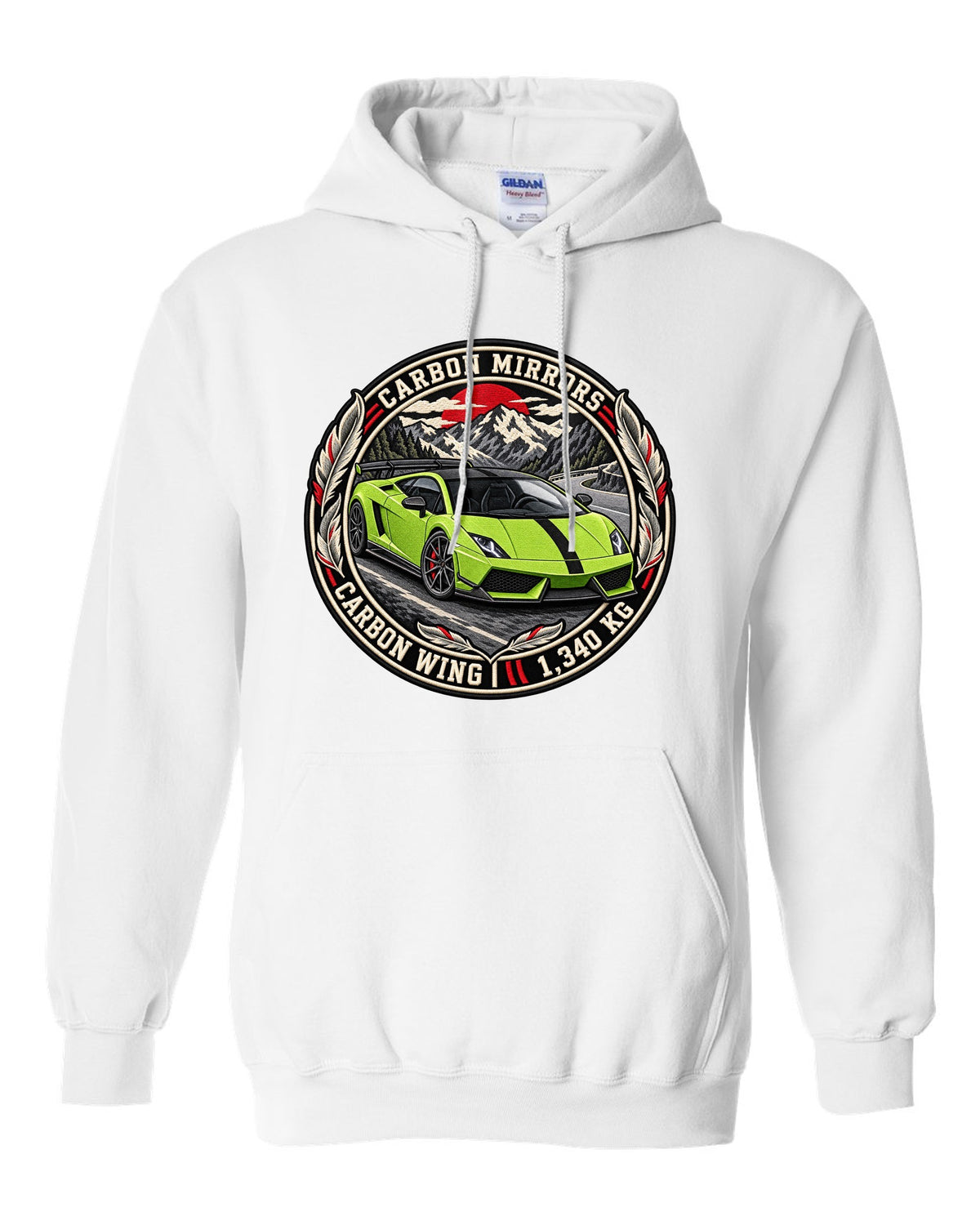Round embroidery-style crest of a Lamborghini Gallardo LP570-4 Superleggera with carbon mirrors and wing text white pull over hoodie front view with the design
