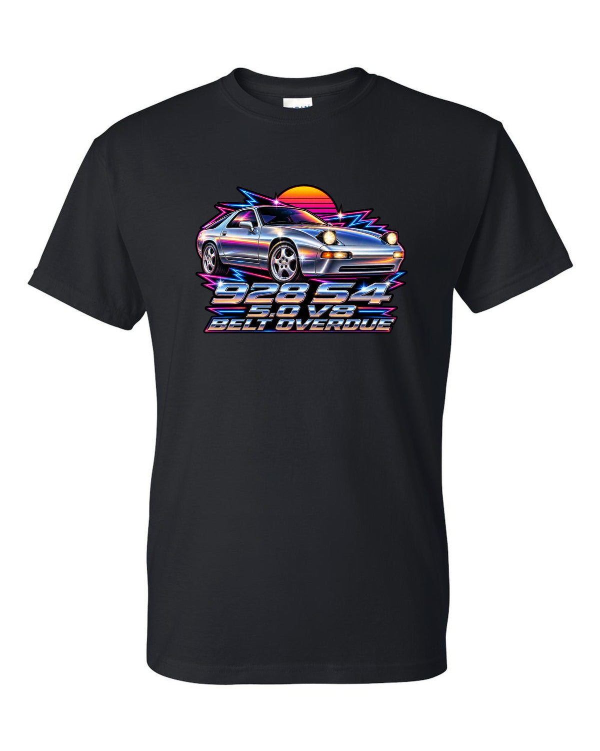 Porsche 928 S4 80s airbrush chrome design with pop-up headlights black t-shirt front view with the design