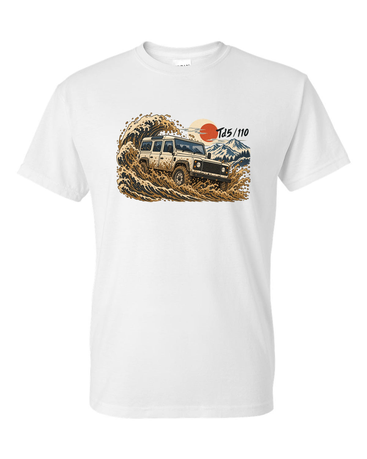 Ukiyo-e woodblock print of a Land Rover Defender 110 Td5 driving through a wave of mud white t-shirt front view with the design