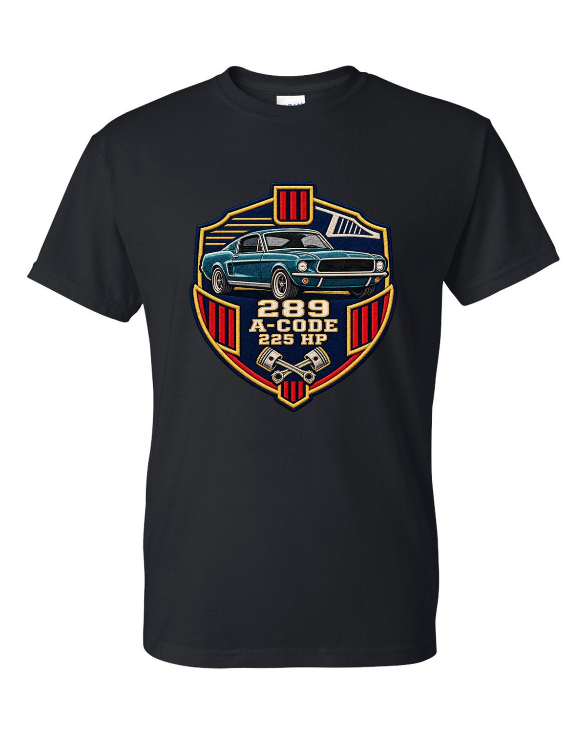 Embroidery-style varsity crest print for a 1967 Ford Mustang fastback A-Code 289 black t-shirt front view with the design