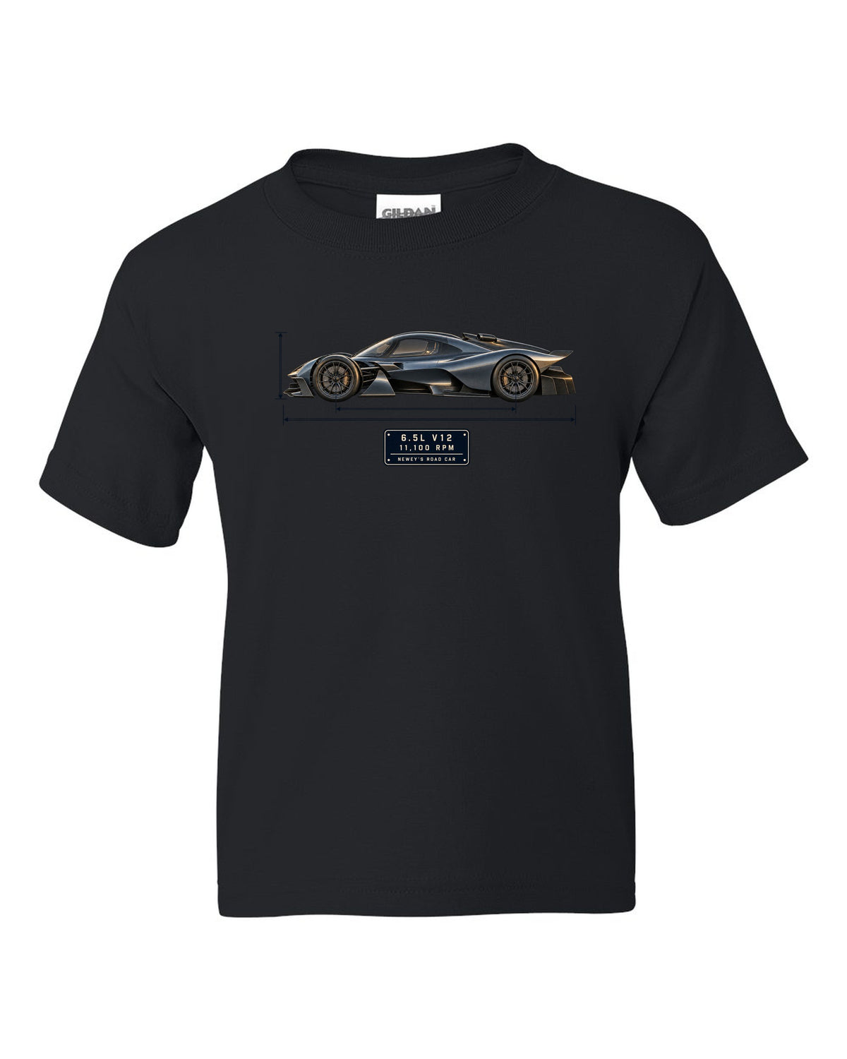 Aston Martin Valkyrie 2021 blueprint print with 6.5L V12 and 11,100 rpm lettering black kids tee front view with the design