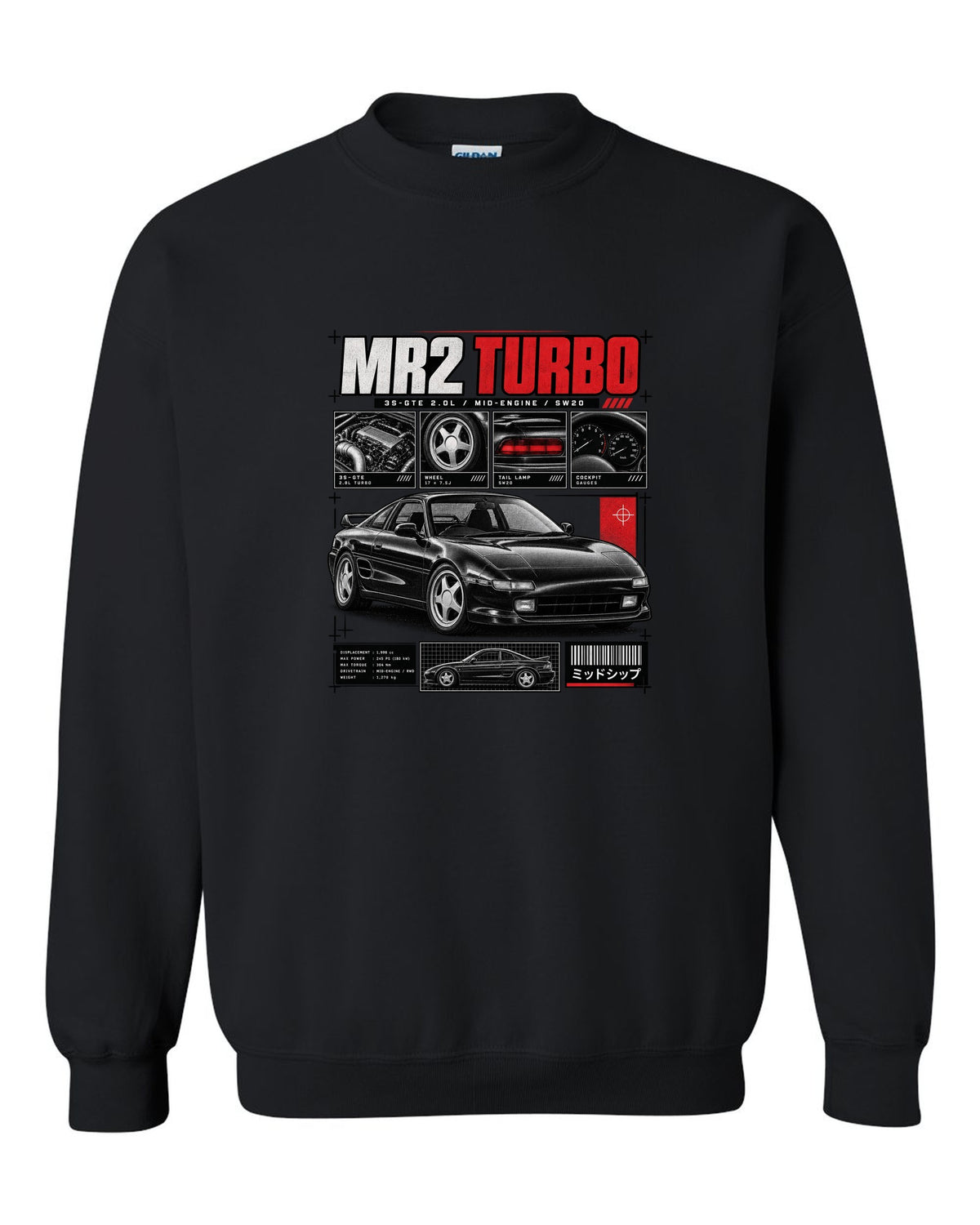 print of a Toyota MR2 SW20 Turbo in dossier panels with 3S-GTE 2.0L and mid-engine text black crewneck front view with the design