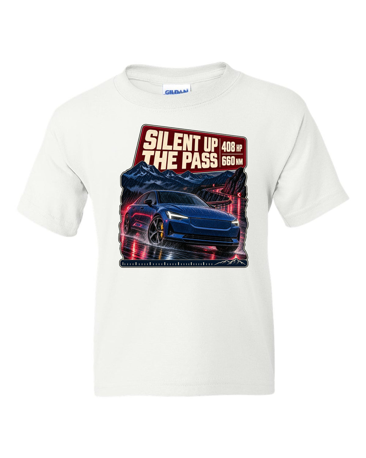 Polestar 2 Launch Edition driving a mountain pass at night, print design white kids tee front view with the design