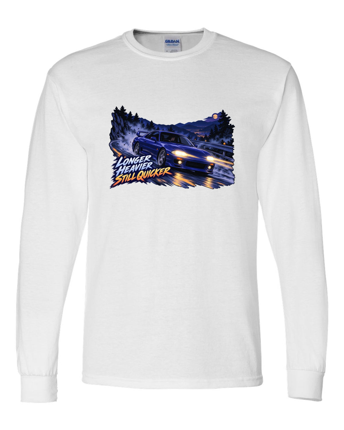 Cel-shaded 90s anime night touge print of a Nissan Skyline GT-R BCNR33 with longer heavier still quicker lettering white long sleeve front view with the design