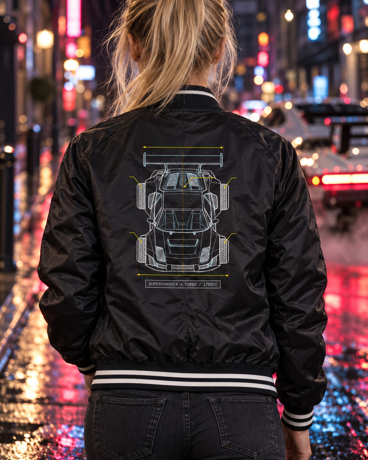 Lancia Delta S4 Overhead Blueprint Patent Style Shirt Bomber Jacket Black worn hero