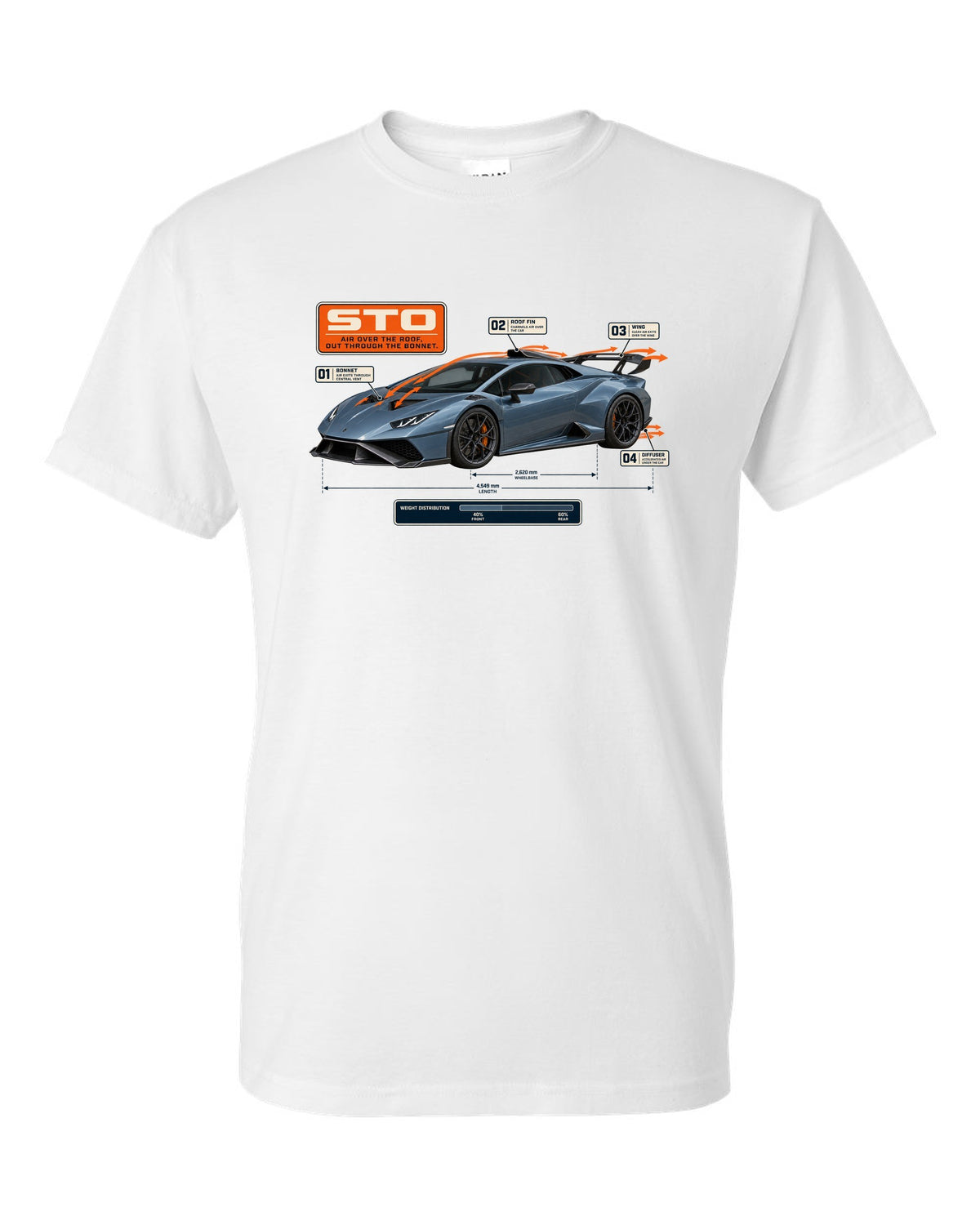 Aero callout print of the Lamborghini Huracan STO showing airflow white t-shirt front view with the design